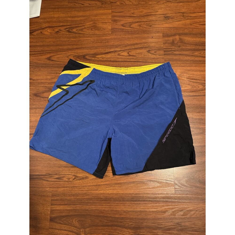 Vintage Speedo Mens blue, black and gold nylon classic style swim shorts Size L